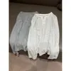 Blusa listrada de manga comprida com gola Henry, três botões e decote V para mulheres, primavera e outono, solta, modeladora, camiseta, camisa básica minimalista coreana