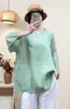 Blusa de linho de cor sólida com gola redonda, mangas tipo lanterna e comprimento de três quartos, corte solto, plus size, camisa confortável e leve para atacado