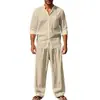 Estilo Europeu e Americano Em Estoque Quatro Estações Linho Masculino Casual Solto Respirável Camisa de Manga Longa e Calça Comprida Conjunto de Praia Direto da Fábrica