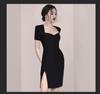Nuevo Vestido Corto Negro Estilo Hepburn Francés Primavera 2021 Elegante Socialité Cuello Cuadrado Manga Larga Adelgazante