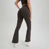 Calça Yoga Lycra Cintura Alta Franzida Levanta Bumbum Anti-Enrolamento Cor Nude para Corrida ao Ar Livre Respirável Fitness Calça Flare