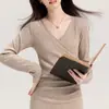 Vestido Elegante de Color Sólido con Cuello en V de Nuevo Estilo para Primavera y Otoño para Mujer, Estilo Francés Ajustado a la Cintura Adelgazante Forma de H Largo, Venta al por Mayor Transfronteriza