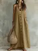 2026 Estación Independiente Transfronteriza de Verano Europea y Americana Nuevo Estilo para Mujer Color Sólido Botón Casual Moda Lino Sintético Vestido Largo