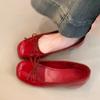 Sapatos de Salto Baixo Estilo Francês para Noite Femininos, Versáteis com Laço, Bico Redondo, Couro Envernizado e Salto Oculto