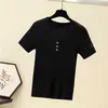 Camiseta de Manga Corta con Cuello en V, Tejida, Blanquinegra, de Seda Helada, para Mujer, Tendencia Verano, Ajustada, para Usar como Capa