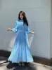 En Stock Transfronterizo Amazon Comercio Exterior Europeo y Americano Nuevo Estilo Francés Elegante Plisado Dobladillo Amplio Vestido de Gasa