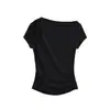 Camiseta Feminina Manga Curta Ombro a Ombro 2026 Novo Design Estilo Coreano Slim Fit Cintura Marcada Top