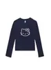 Top Interior Negro de Cuello Redondo con Diseño de Dibujos Animados Estilo Americano, Corte Ajustado, Favorecedor, Camiseta de Manga Larga para Mujer