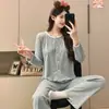 Pijama para Mulheres Primavera e Outono Novo Estilo Coreano Doce Pequena Estampa Floral Cardigã Calça de Manga Longa Fina Conjunto para Casa de Menina