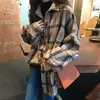 Camisa de Felpa a Cuadros Oversize para Mujer, Otoño e Invierno Estilo Vintage Hong Kong Chaqueta Larga Suelta para Superponer