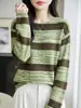 Outono/Inverno 2026 Novo Veludo de Arroz Glutinoso Gola Redonda Tricô Manga Longa Feminino Vazado Listras Color Block Camisa Básica Solta