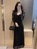 [En Stock] Vestido Sexy de Encaje Negro Estilo Romántico Francés para Primavera y Otoño para Mujeres, Adelgazante y Hermoso Vestido de Longitud Media