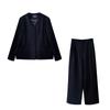 En stock Corea del Sur ov * ertake nicho diseño falso dos cuello en V traje pantalones elásticos rectos traje de mujer