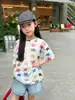Camiseta Casual para Niñas Aimo Beibei con Divertido Estampado Completo de Estrellas en Acuarela Degradada, Top Transpirable de Manga Corta de Lyocell