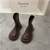 Botines tipo Martin de Punta Redonda para Mujer, Tendencia Otoño e Invierno 2025, Color Caqui Té con Leche, Diseño Francés de Nicho, Botines Cortos