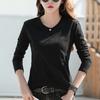 Nueva camiseta de manga larga para mujer estilo coreano de color sólido, simple, estilo literario, cuello redondo, talla grande, camiseta básica ajustada de color sólido para mujer
