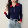 Venta directa del fabricante: Ropa de Mujer de Estilo Americano para Comercio Exterior, Suéter de Punto de Manga Larga Ajustado con Bloques de Color, Adecuado para Usar en Capas o Solo