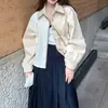 Camisa jacquard blanca, nuevo modelo primavera 2026, estilo bohemio, diseño de dos piezas falso, manga larga, cuello de solapa, corte holgado