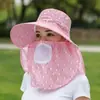 Sombrero para Ciclismo de Verano, Sombrero con Protección Solar, Velillo para Cubrir Cara y Cuello, Ala Ancha, Sombrero Integral para Mujer para Exteriores para Recoger Té
