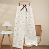 Pantalones de Pijama de Algodón Perlado para Mujer Verano Nuevo Dibujos Animados Pantalones para Casa Delgados para Usar en Exterior Pantalones Antimosquitos Talla Grande Sueltos Pantalones Largos