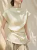 Elegante Blusa de Manga Corta para Mujer con Mezcla de Seda Nebulosa, Diseño de Cintura Plisada a Medida y Cuello Ligeramente Alto