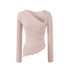 Conjunto Estilo Levemente Maduro Patchwork de Renda Gola Assimétrica Manga Longa Camiseta Feminina Outono Slim Fit Justa ao Corpo Saia Conjunto de Duas Peças Hot Girl