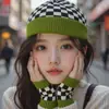 Gorro de Lana Tejido para Mujer Otoño e Invierno Versátil Circunferencia de Cabeza Grande Verde Holgado Ins Moda para Adelgazar la Cara Juego de Guantes