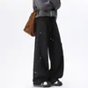 Calça de Moletom Plissada Tridimensional Estilo Americano para Homens, Calça Casual Cleanfit de Rua para Primavera, Calça Reta da Moda com Bordado de Desenho Animado de Marca