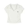 Polo Rosa Girly Doce e Picante Ombro Direito Manga Curta Algodão com Fio Gola Lapela Laço Bordado Cintura Franzida Top