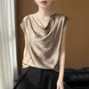 Camiseta de manga corta con cuello de volante estilo francés para mujer, verano 2026, fina, holgada, transpirable, satén sedoso, efecto de caída, adelgazante, estilo maduro y sencillo
