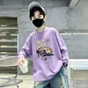 Camiseta casual de algodão puro com manga longa estilo coreano para meninos, com estampa de desenho animado, top infantil confortável para primavera e outono