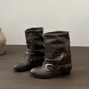 Botas de montar retro de tacón grueso para mujer, nueva colección de otoño 2026, con diseño de pierna apilada, estilo vaquero occidental y botines de punta