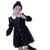 Vestido Preto com Gola Peter Pan e Renda para Meninas para o Outono, Novo Estilo Duas Peças Color Block com Mangas Longas para Crianças Maiores