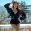 Nuevo Traje de Baño de Una Pieza con Mangas Largas de Encaje Estilo Coreano para Mujer, Adelgazante y Cubre Vientre, Traje de Baño Conservador para Vacaciones en la Playa con Cubierta Exterior