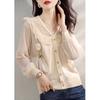 Cárdigan de Punto Estilo Chanel para Mujer Primavera Nuevo Estilo Costuras Blusa de Gasa Elegante Dulce Top de Manga Larga con Volantes