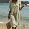 2026 Nuevo Vestido Largo Rayado de Cuello en V con Volantes y Botones Transfronterizo Moda Casual para el Trabajo Falda Larga Estilo Verano para Mujeres