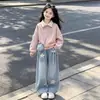 Conjunto dulce de sudadera y jeans para niñas, colección de otoño, atuendo moderno estilo coreano para niños mayores, conjunto casual de dos piezas para estudiantes de secundaria