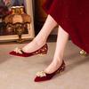 Sapatos de Casamento Xiuhe Sapatos Femininos Salto Grosso Vermelho Não Cansam os Pés Salto Alto 2025 Novo Estilo Chinês Bico Fino Sapatos para Brinde de Casamento
