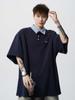 Polo de Manga Corta a Rayas de Estilo Americano Falso de Dos Piezas para Hombre Verano 2025 Diseño Nicho Camisa Casual con Cuello