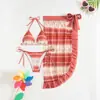 Bikini Nuevo 2025 Tejido Tela Especial Estilo Étnico Rayas Onduladas con Cordones Europeo y Americano Separado Traje de Baño Transfronterizo