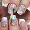 Unhas Usáveis com Estilo Oceano, Borda Francesa Branca Fresca e Simples, Arte de Unha com Concha em Relevo 3D e Coqueiro, Unhas Postiças