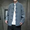 Camisa masculina de manga longa oversized para primavera e outono, estilo chinês com colarinho abotoado, jaqueta estilo terno Tang, modelagem solta, cor sólida, camisa casual de algodão e linho