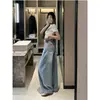 Chao Li tem jeans de perna larga bordados em estoque para mulheres e meninas, novo estilo outono 2026, comprimento duplo, aparência slim, soltos, calças de perna curva
