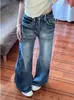 Calça Jeans Flare Vintage Lavada Personalizável Cintura Alta Retro Perna Larga Calça Longa Feminina Tendência Versátil Casual