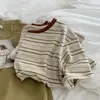 Camiseta Juvenil de Algodón Puro con Rayas Retro y Bloques de Color para Mujer, Verano Holgada, Estilo Hong Kong Adelgazante, Hombro Normal Manga Corta, Moderna