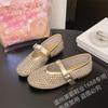 Zapatos Mary Jane planos de malla con pedrería transpirables con hebilla de una línea para mujer de boca baja 2025 verano nuevo estilo