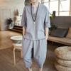 Traje de lino de imitación para hombre, verano 2025, estilo chino, talla grande, pantalones capri holgados, abrigo informal de algodón y lino de imitación, dos piezas