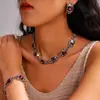 Pulsera Ovalada Incrustada de Diamantes, Juego de Aretes y Collar, Cadena de Clavícula Vintage, Joyería de Lujo Ligero y de Alta Gama para Mujeres