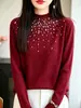 Suéter Andy de fleece macio e confortável para mulheres, camada base justa, gola alta discreta com detalhes em diamante acrílico, malha fina que afina a silhueta