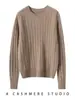 Suéter de punto trenzado de cuello redondo de siete puntos 100% cachemira pura para mujer, jersey de color liso, camisa base cálida casual de manga larga